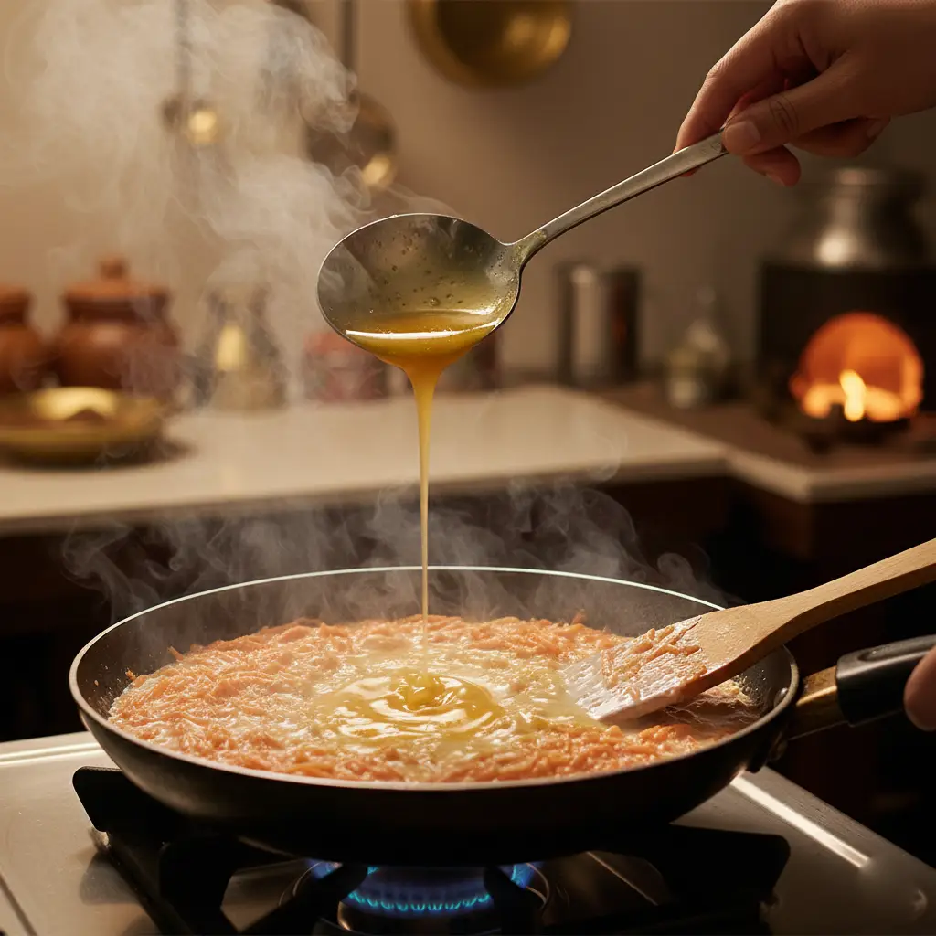 Adding ghee to gajar halwa
