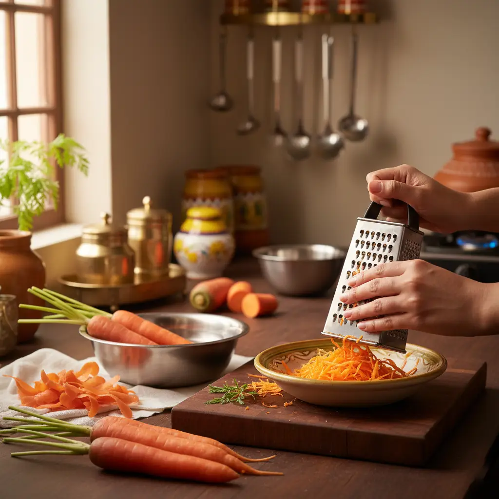Fresh grated carrots for making sugar free gajar halwa
