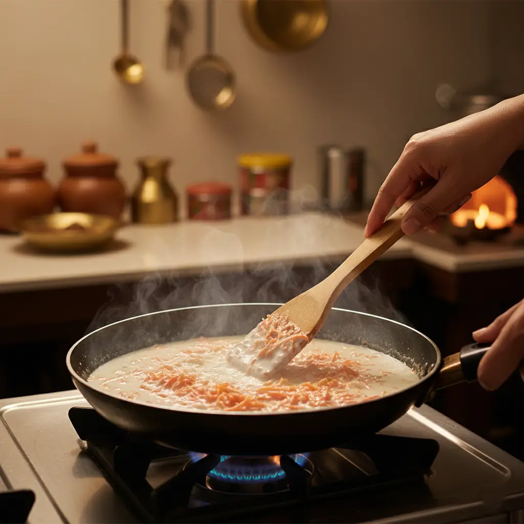 Cooking gajar halwa with monk fruit sweetener in a pan step by step