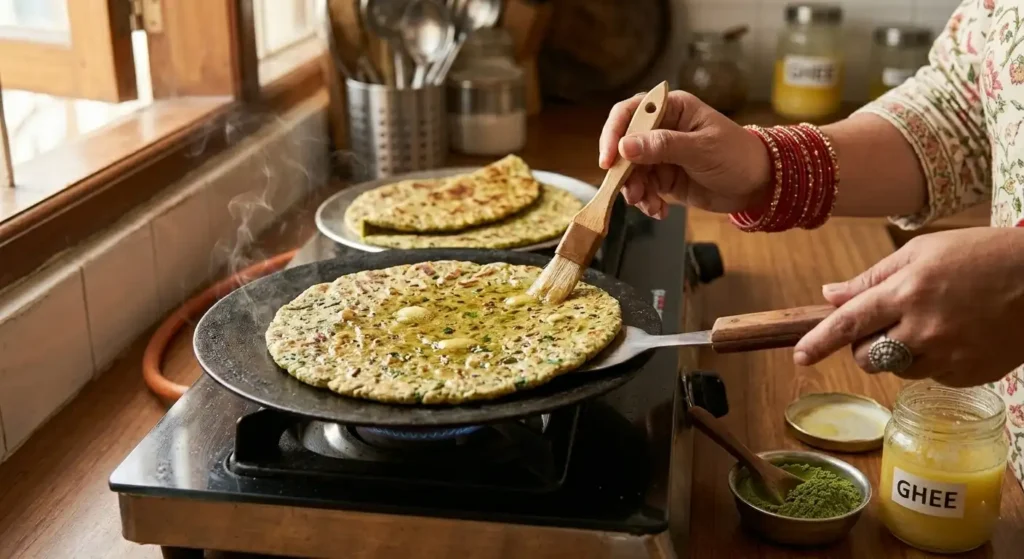 cooking moringa paratha on tawa with ghee
