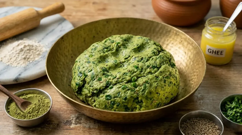 kneading whole wheat dough with moringa powder